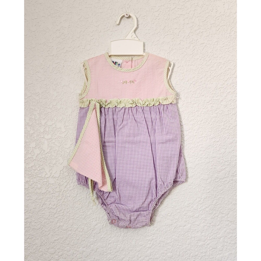 Vintage Alexis Baby Girl 2PC Bubble Romper Bodysuit Gingham Purple/Pink New USA